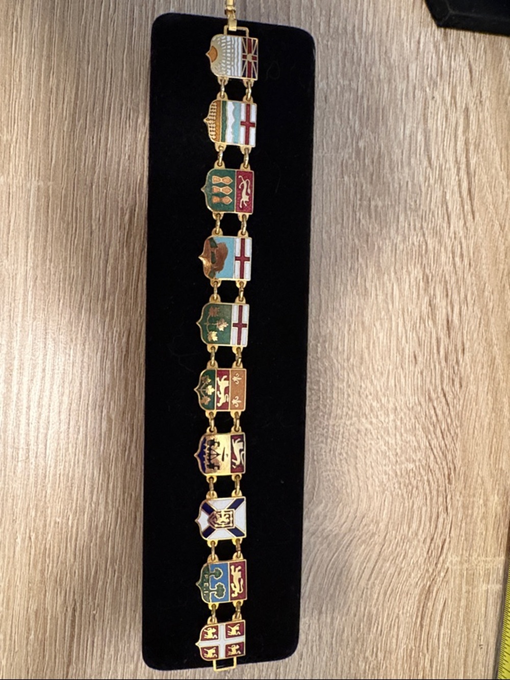Vintage Canadian provinces enamel, souvenir bracelet, gold tone
